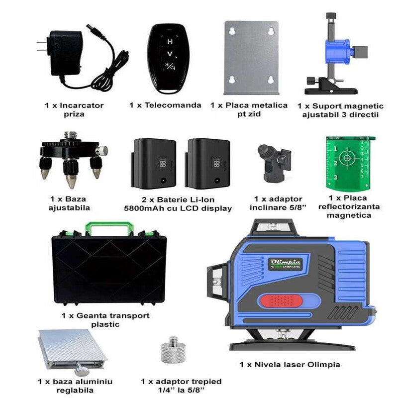Nivela laser OLIMPIA 4D, 16 linii, laser verde, 2 baterii Nivela laser OLIMPIA 4D, 16 linii, laser verde, 2 baterii